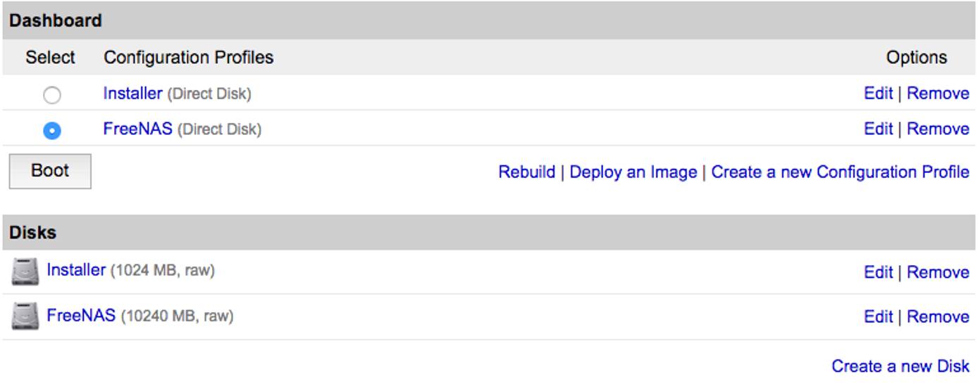 Screenshot of the Dashboard, ready to reboot into the FreeNAS profile. Screenshot of the Dashboard, ready to reboot into the FreeNAS profile.