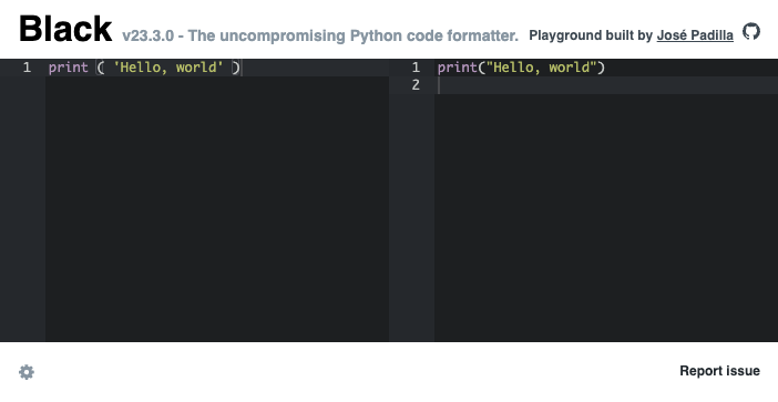 Python Hello, World in the online Black Playground. Python Hello, World in the online Black Playground.