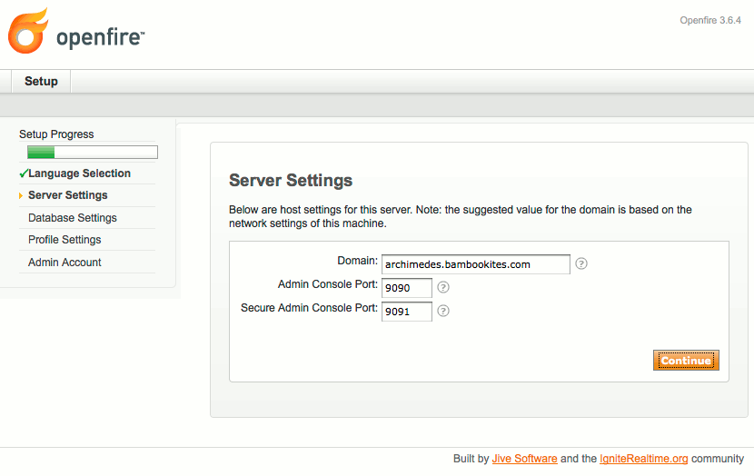 Domain and admin ports selection in Openfire setup on Debian 6 (Squeeze). Domain and admin ports selection in Openfire setup on Debian 6 (Squeeze).