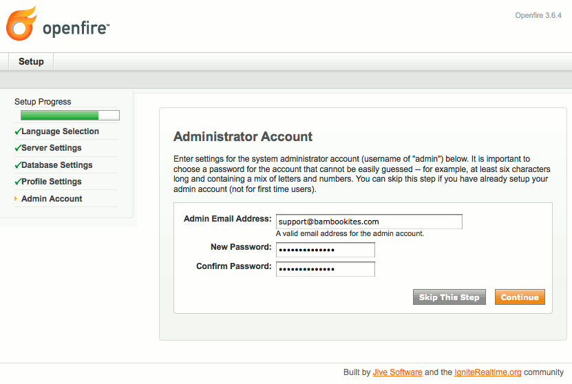 Administrator account settings in Openfire setup on Ubuntu 9.04 (Jaunty). Administrator account settings in Openfire setup on Ubuntu 9.04 (Jaunty).