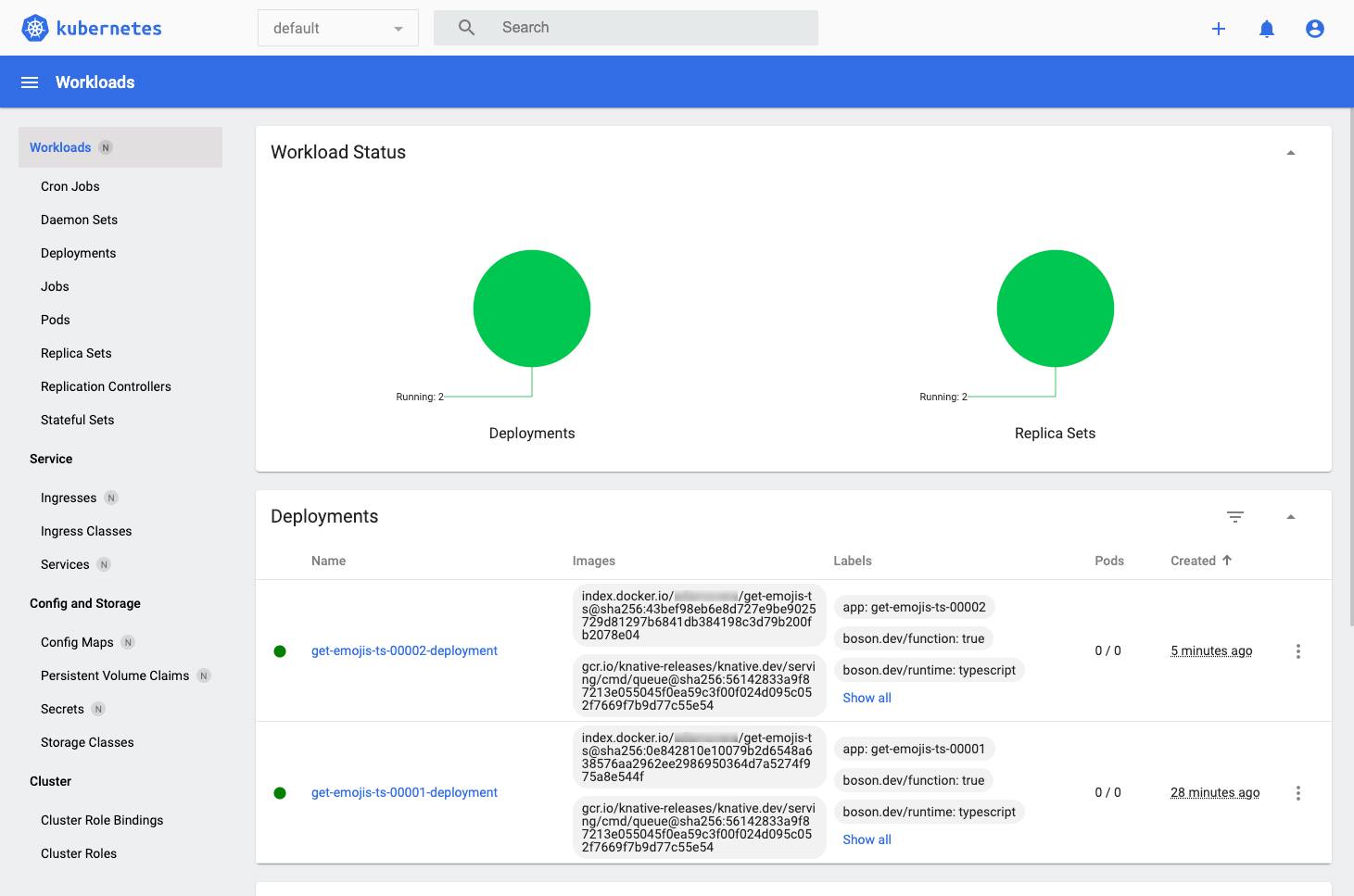 The default Kubernetes Dashboard showing the get-emojis-ts deployment. The default Kubernetes Dashboard showing the get-emojis-ts deployment.